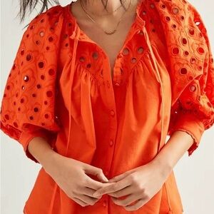 Anthropologie Chantal eyelet blouse puffed sleeves with tie neck medium